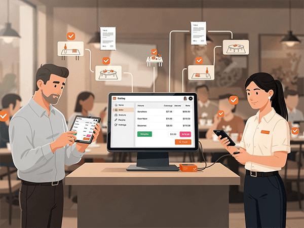 Customizable bill format interface showing restaurant invoice with GST, logo, and QR code features